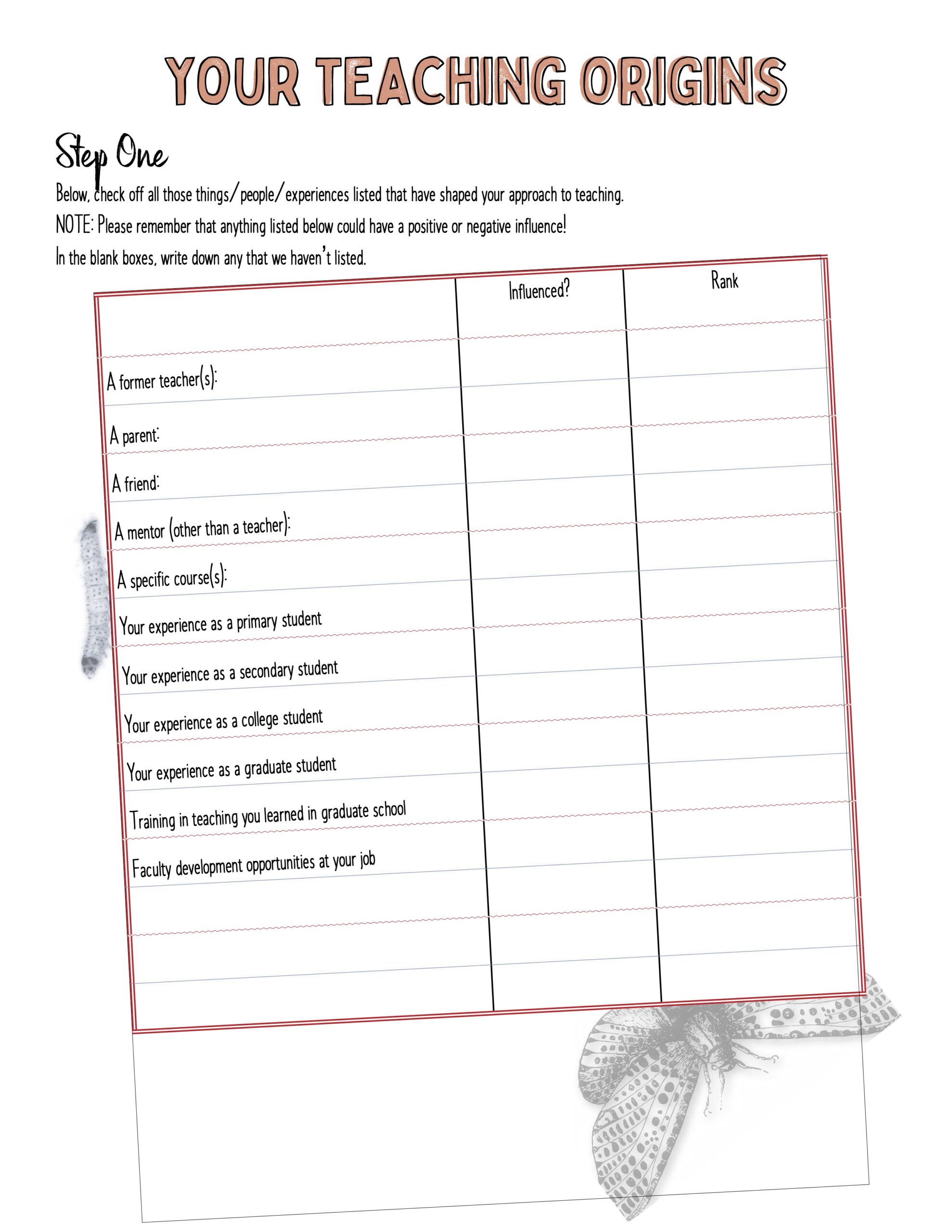 Image of a blank worksheet titled Your Teaching Origins.
