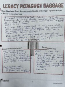 Photo of a completed worksheet titled Legacy Pedagogy Baggage.