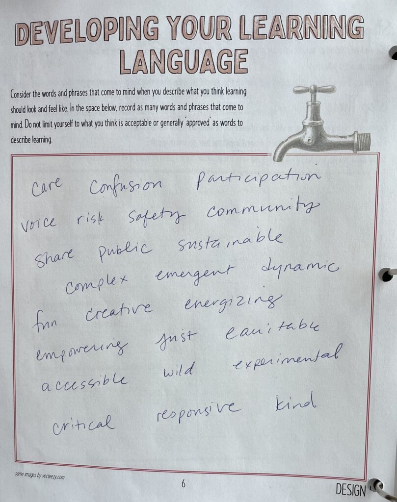 Photo of a completed worksheet titled Developing Your Learning Language.