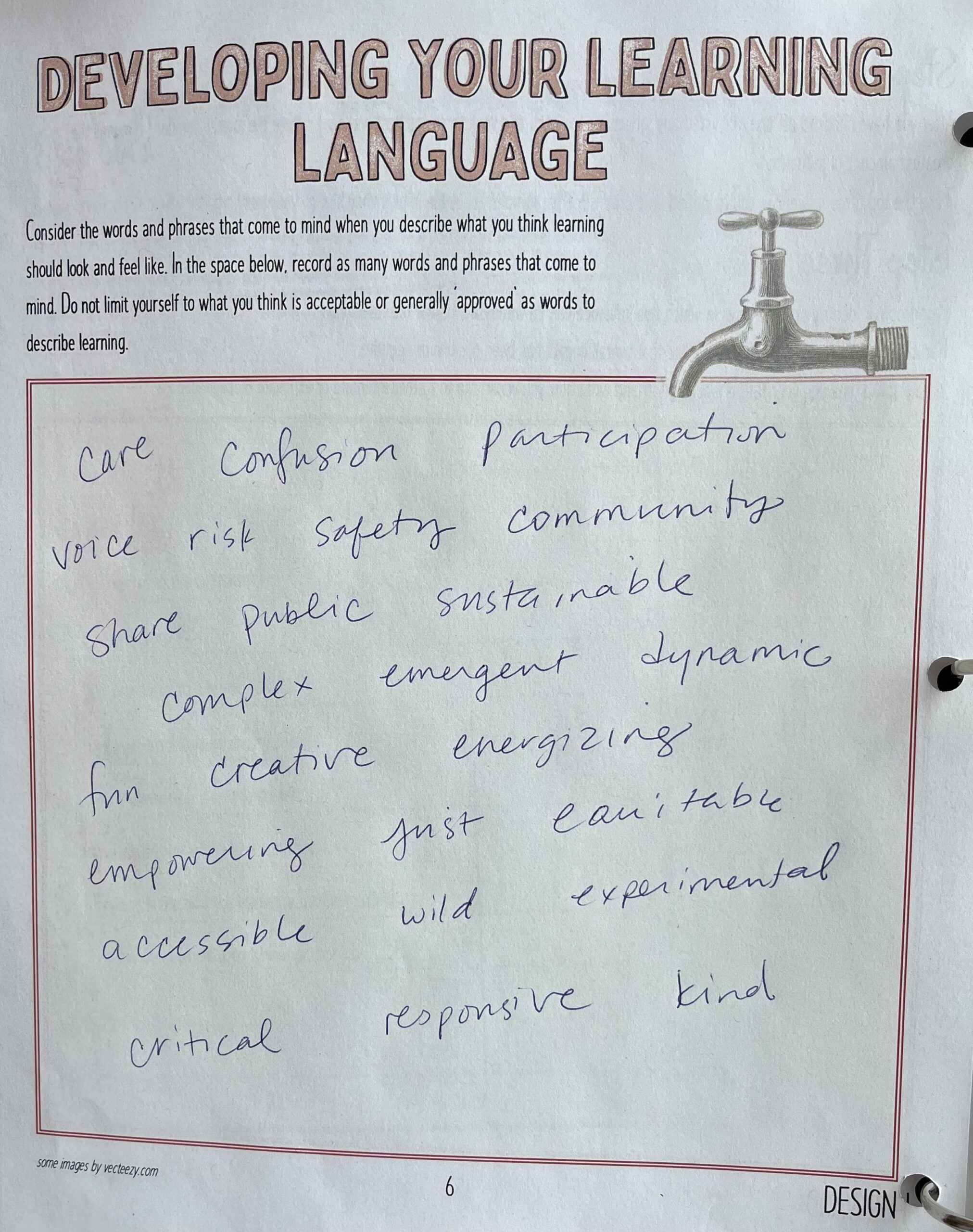 Photo of a completed worksheet titled Developing Your Learning Language.