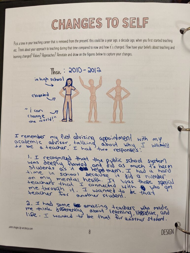 Photo of a completed worksheet titled Changes to Self.
