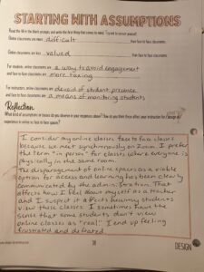 Photo of a completed worksheet titled Starting With Assumptions.