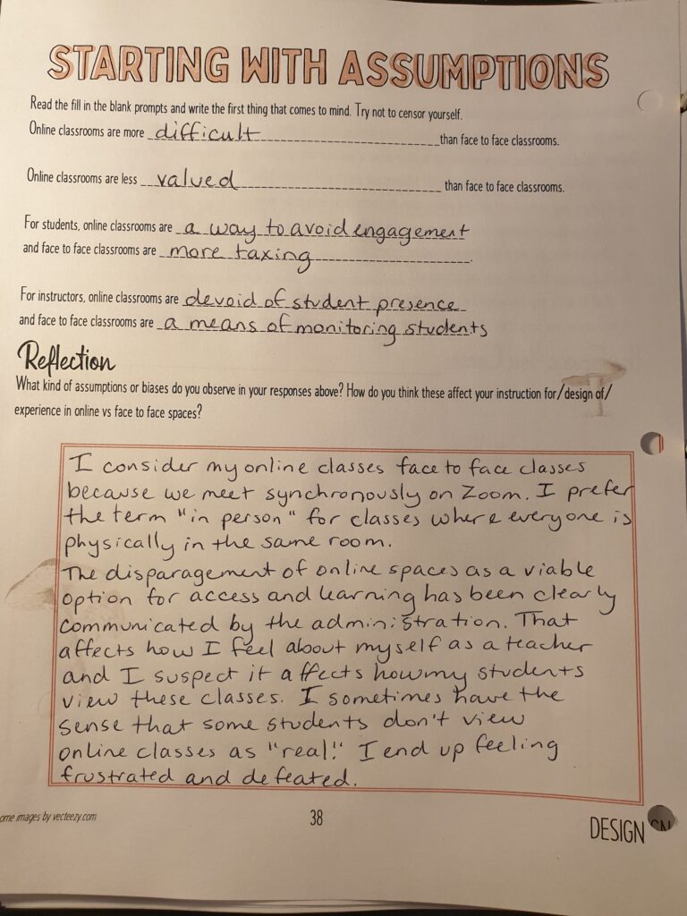 Photo of a completed worksheet titled Starting With Assumptions.