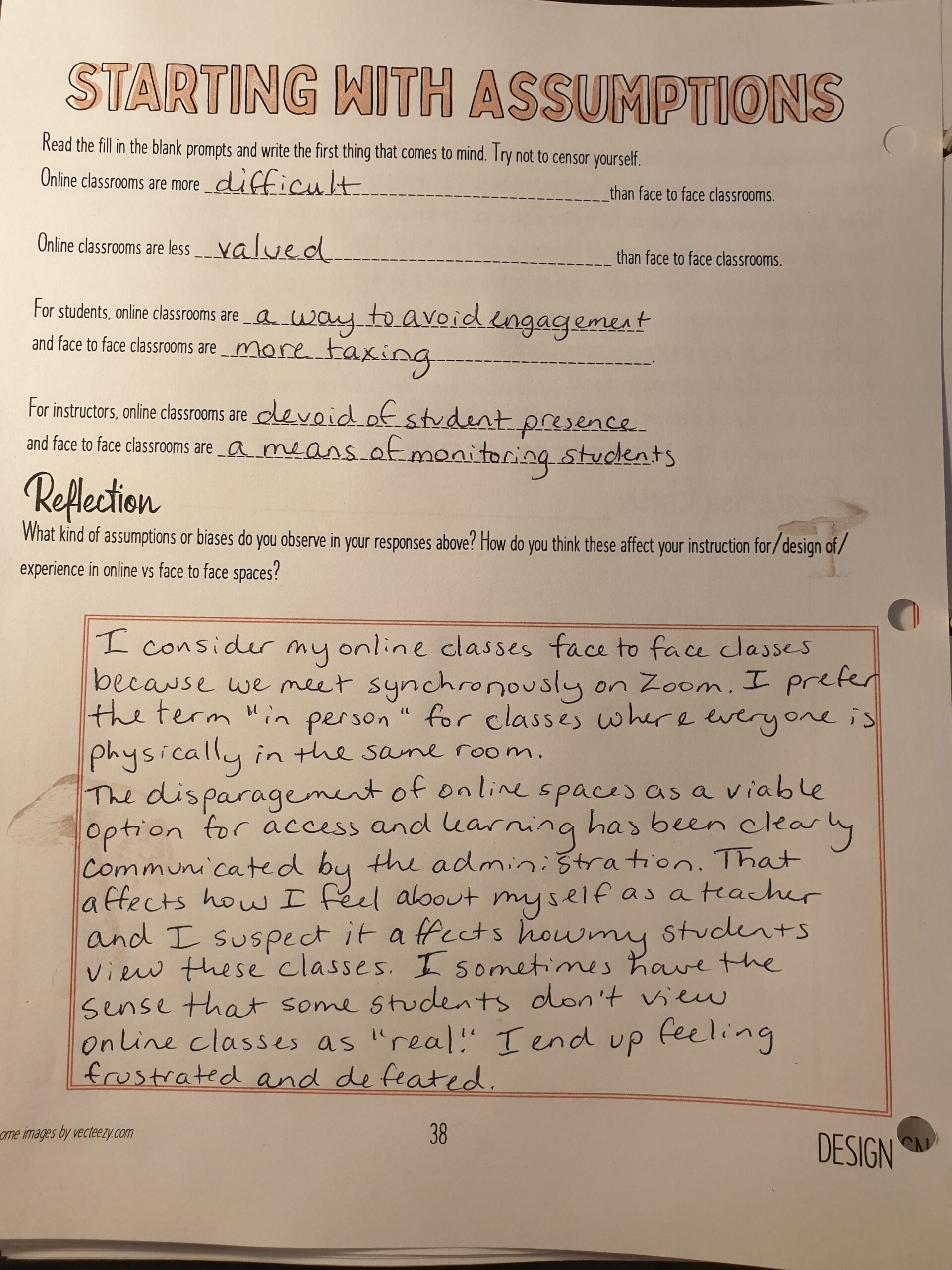 Photo of a completed worksheet titled Starting With Assumptions.