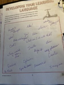 Photo of a completed worksheet titled Developing Your Learning Language.