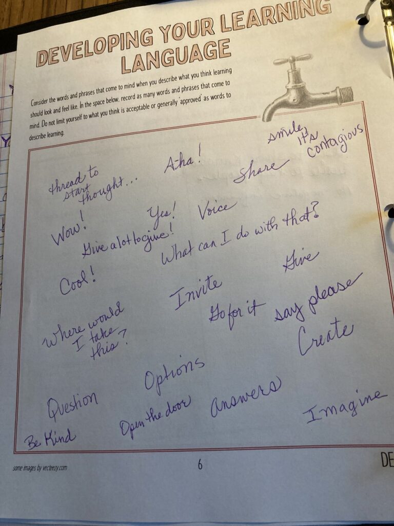 Photo of a completed worksheet titled Developing Your Learning Language.
