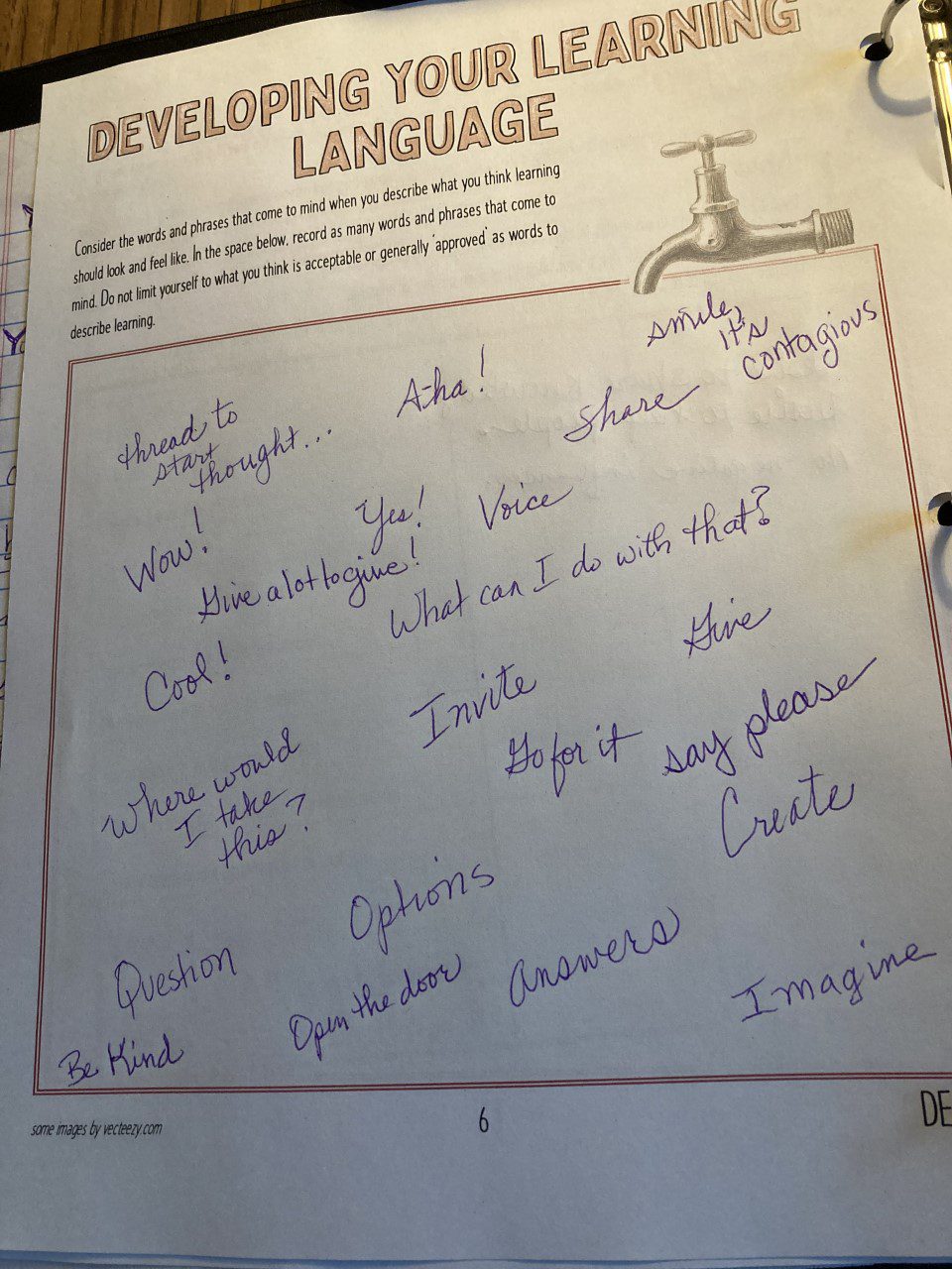 Photo of a completed worksheet titled Developing Your Learning Language.
