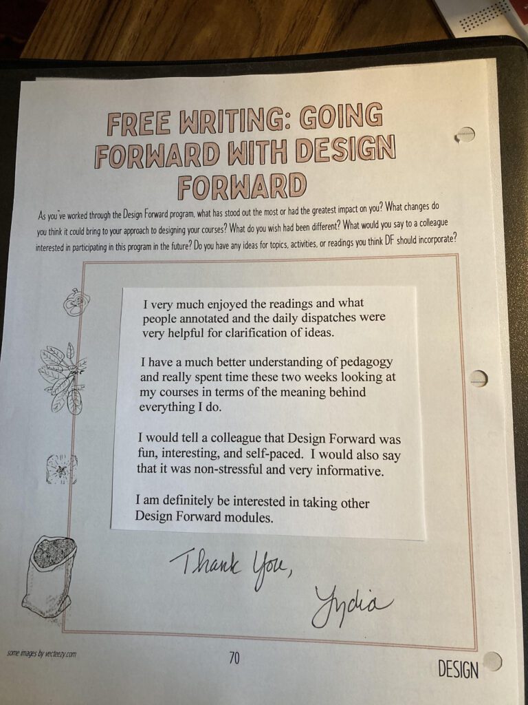 Photo of a completed worksheet titled Free Writing: Going Forward with Design Forward.