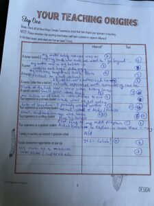 Photo of a completed worksheet titled Your Teaching Origins.