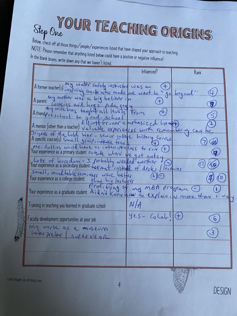 Photo of a completed worksheet titled Your Teaching Origins.