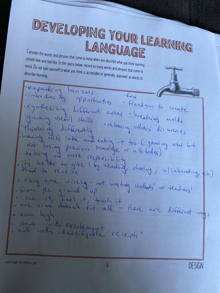 Photo of a completed worksheet titled Developing Your Learning Language.