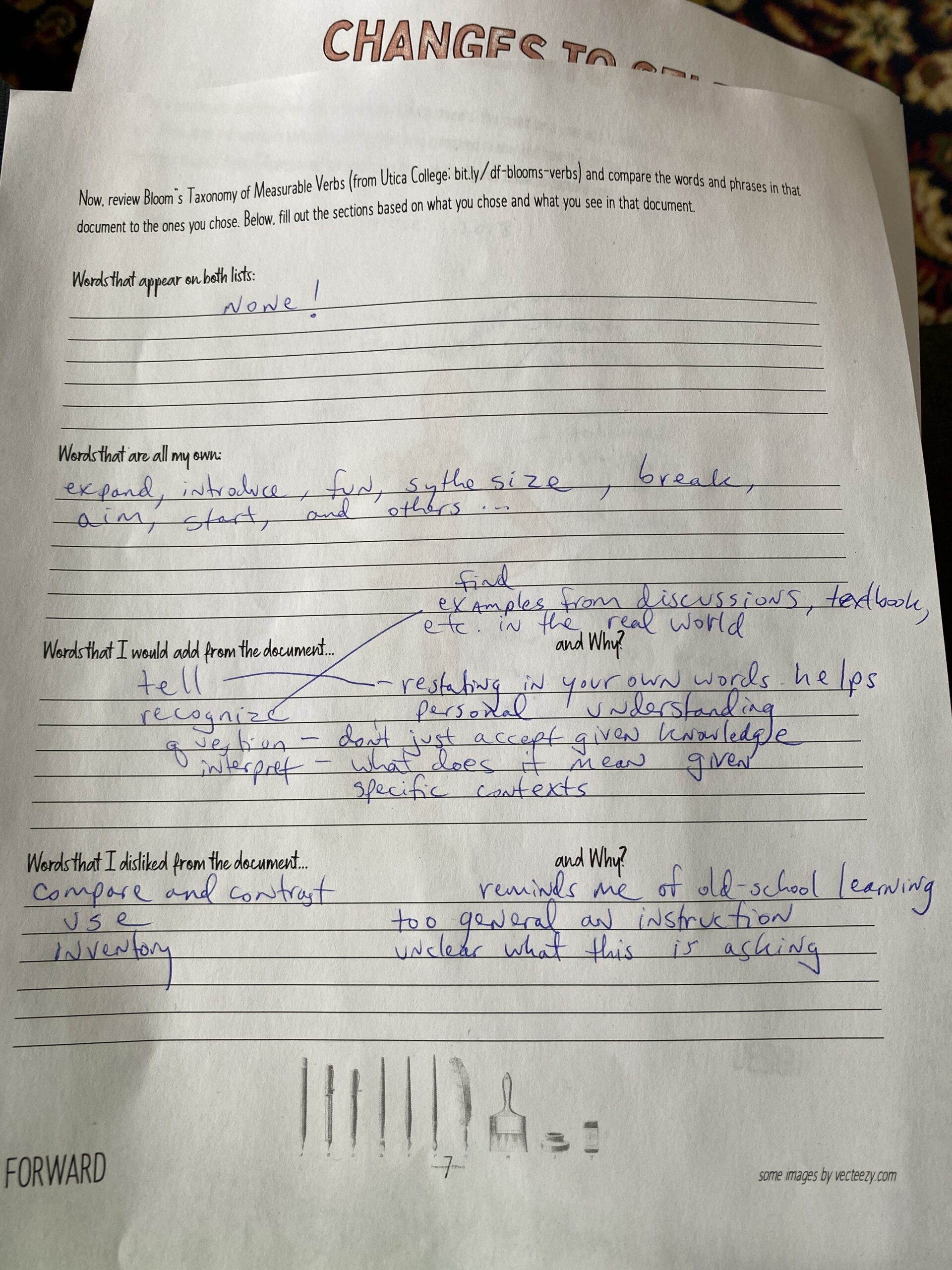 Photo of a completed worksheet.