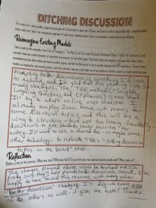 Photo of a completed worksheet titled Ditching Discussion.