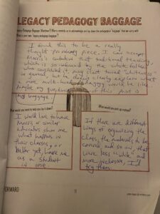 Photo of a completed worksheet titled Legacy Pedagogy Baggage.