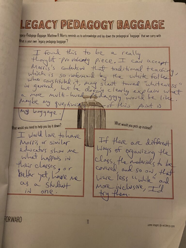 Photo of a completed worksheet titled Legacy Pedagogy Baggage.