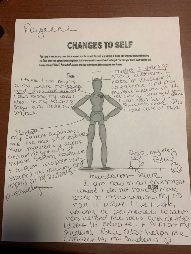 Photo of a completed worksheet titled Changes to Self.