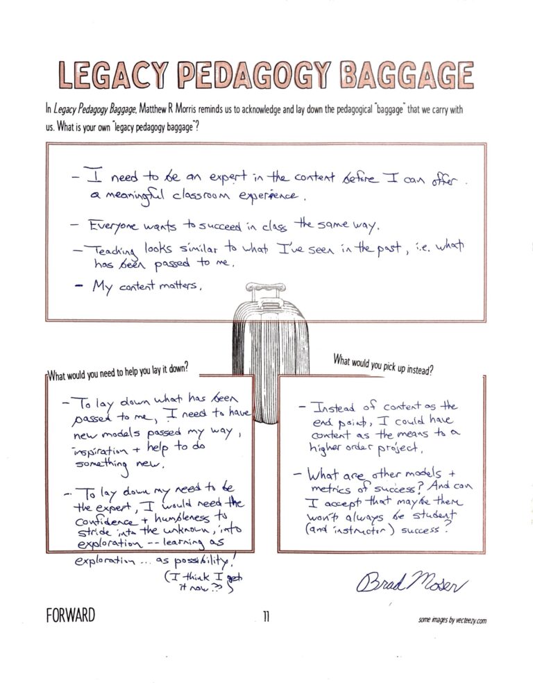 Photo of a completed worksheet titled Legacy Pedagogy Baggage.