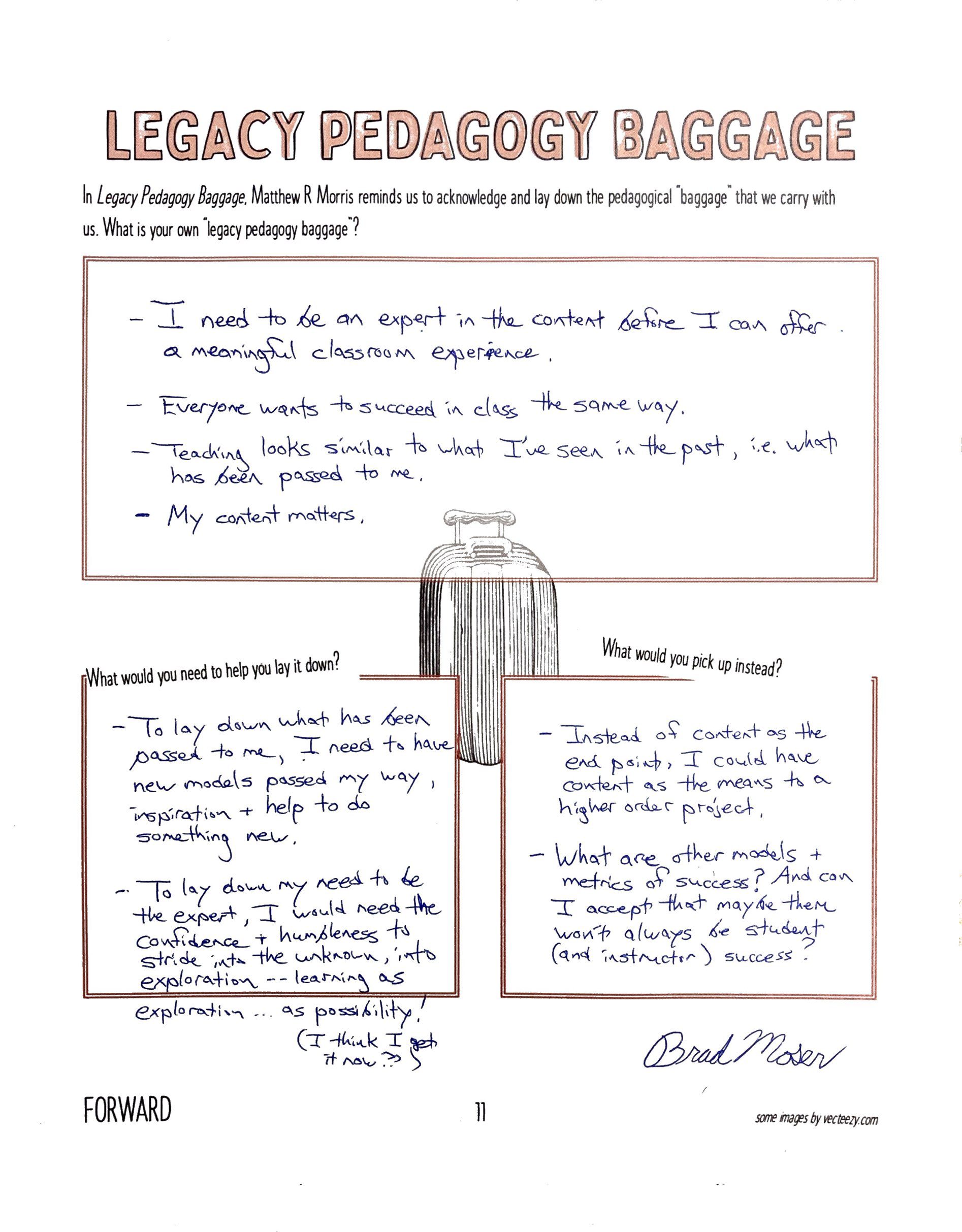 Photo of a completed worksheet titled Legacy Pedagogy Baggage.