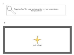 Image of a plagiarism free sign and a star captioned "touch to begin".