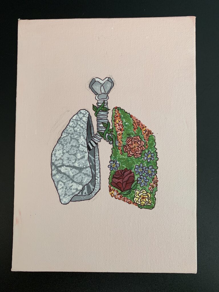 Painting of anatomical lungs, one side gray and the other lush with wildflowers.