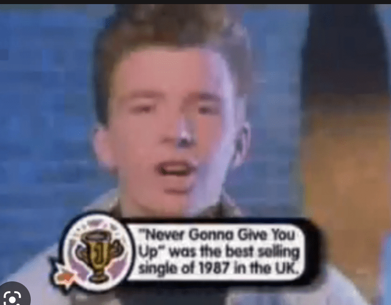 Photo of Rick Astley with the caption "Never Gonna Give You Up was the best selling single of 1987 in the UK."