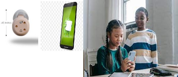 Photo of an interpreter device, phone, and two people.