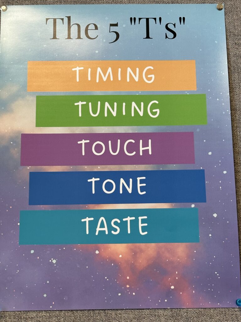 Photo of a poster that reads "The Five 'T''s: Timing, Tuning, Touch, Tone, and Taste".
