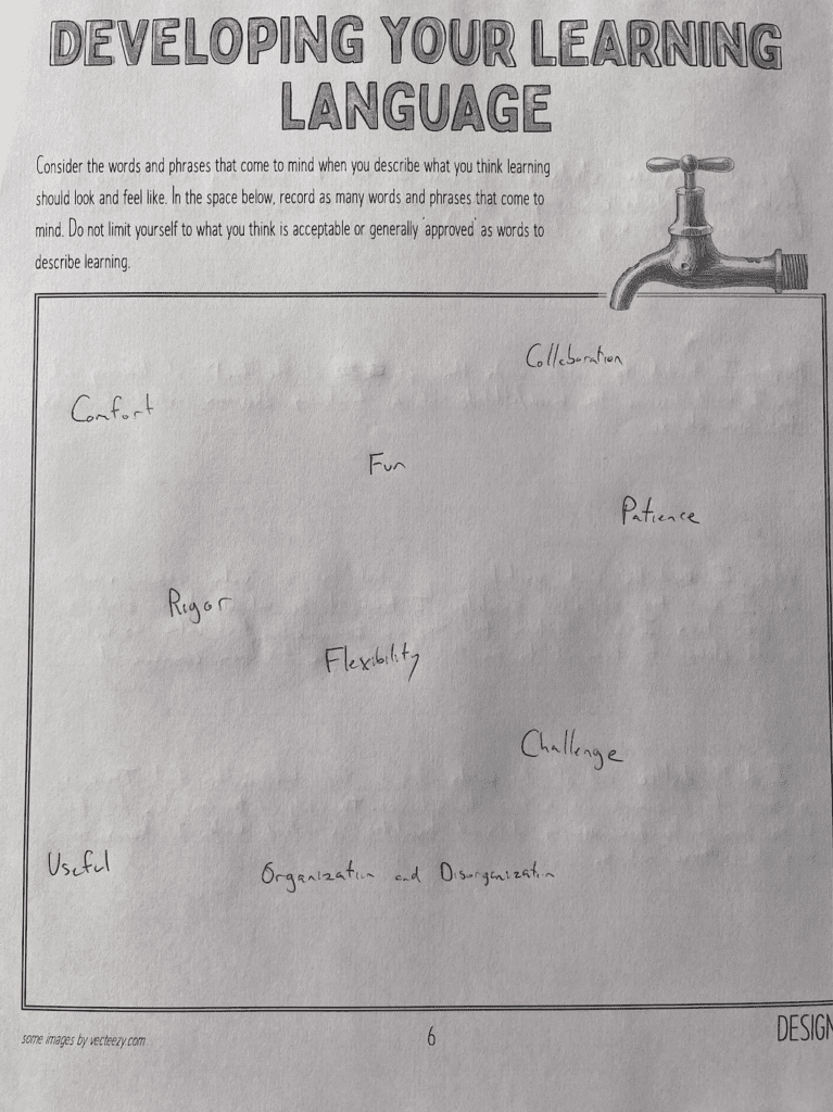 Photo of a completed worksheet titled "Developing Your Learning Language".