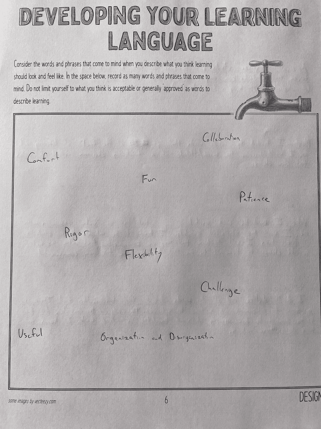 Photo of a completed worksheet titled "Developing Your Learning Language".