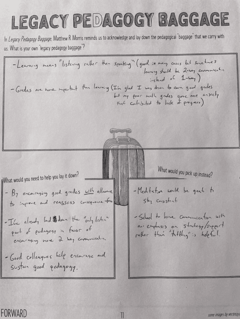 Photo of a completed worksheet titled "Legacy Pedagogy Baggage".