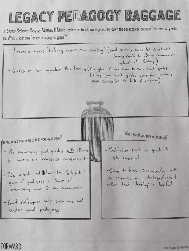 Photo of a completed worksheet titled "Legacy Pedagogy Baggage".