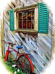 Decorative image of a bike leaning on the exterior wall of a wood cabin.