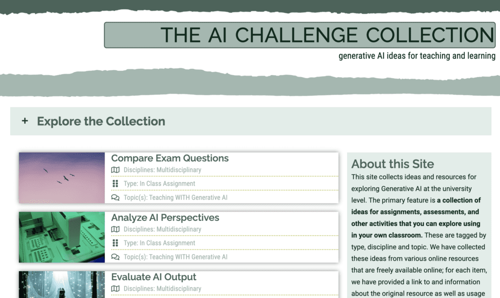 Screenshot of a web page titled "The AI Challenge Collection: Generative AI Ideas for Teaching and Learning".