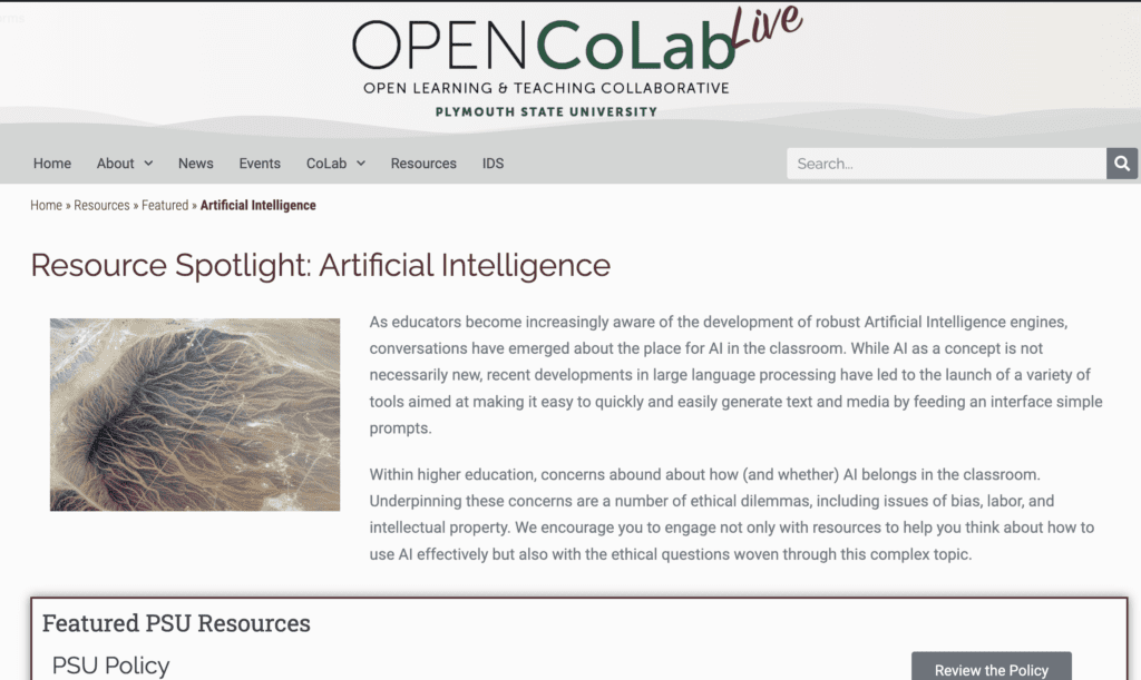 Screenshot of the Open Learning and Teaching Collaborative website's page discussing artificial intelligence.