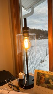Photo of a desk lamp next to a calendar open to February, both objects located near a window showing a snowy day outside.