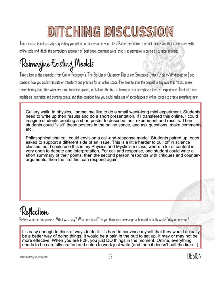Image of a completed worksheet titled Ditching Discussion.