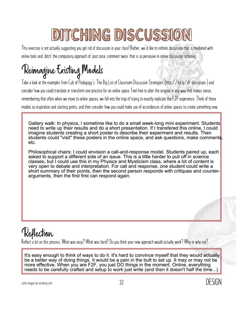 Image of a completed worksheet titled Ditching Discussion.