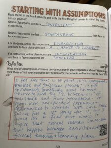 Photo of a completed worksheet titled Starting With Assumptions.