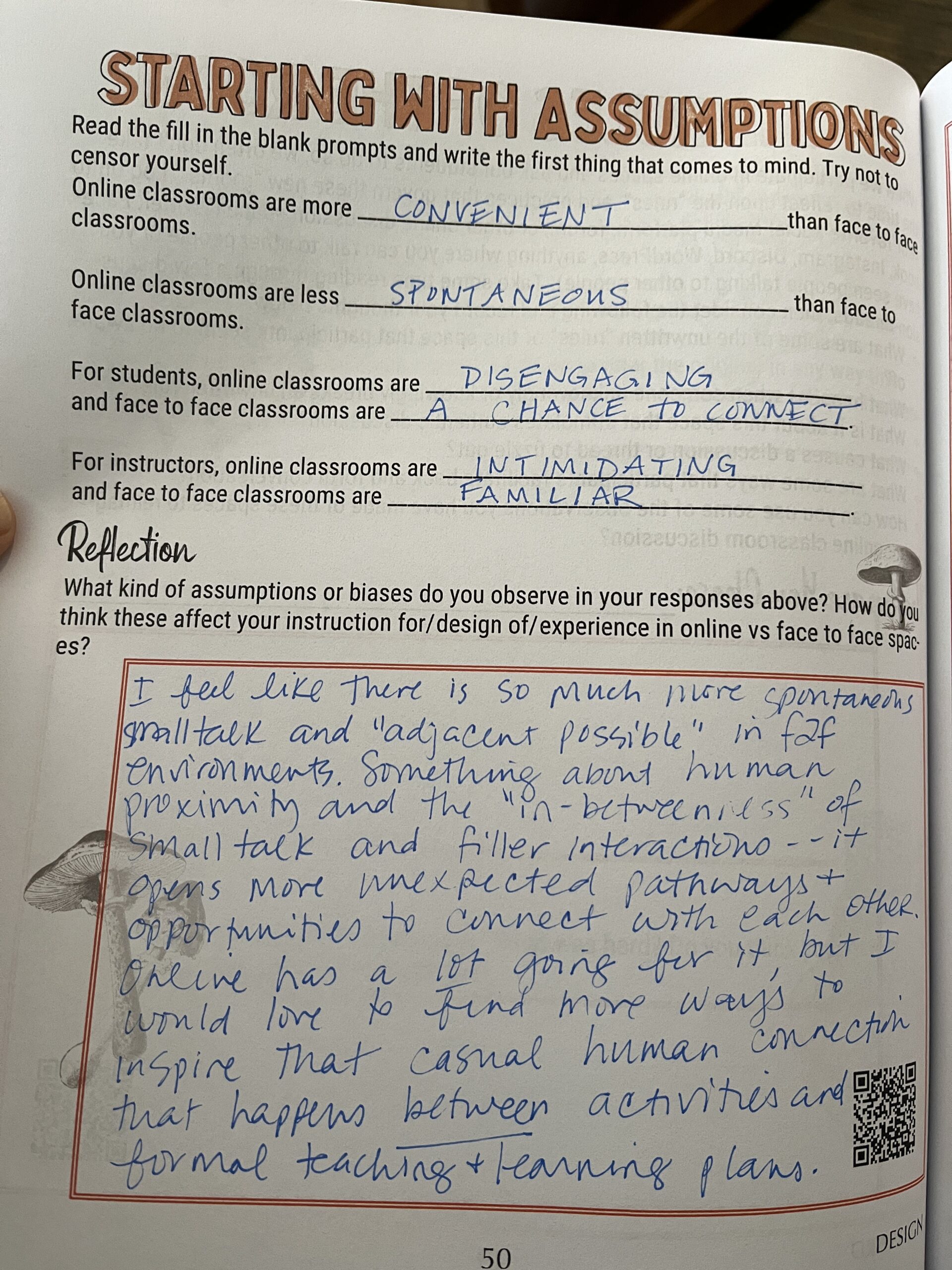 Photo of a completed worksheet titled Starting With Assumptions.