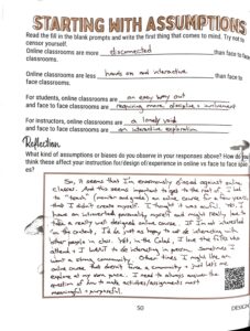 Image of a completed worksheet titled Starting With Assumptions.