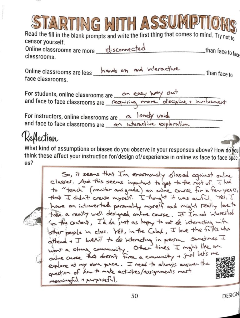 Image of a completed worksheet titled Starting With Assumptions.