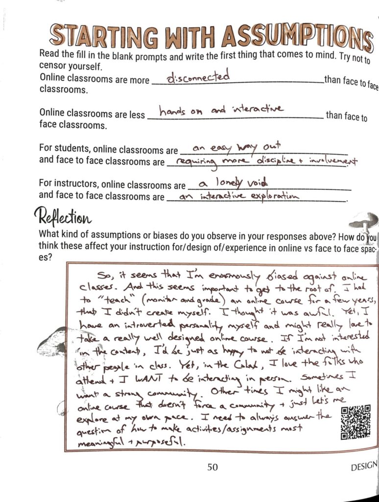 Image of a completed worksheet titled Starting With Assumptions.