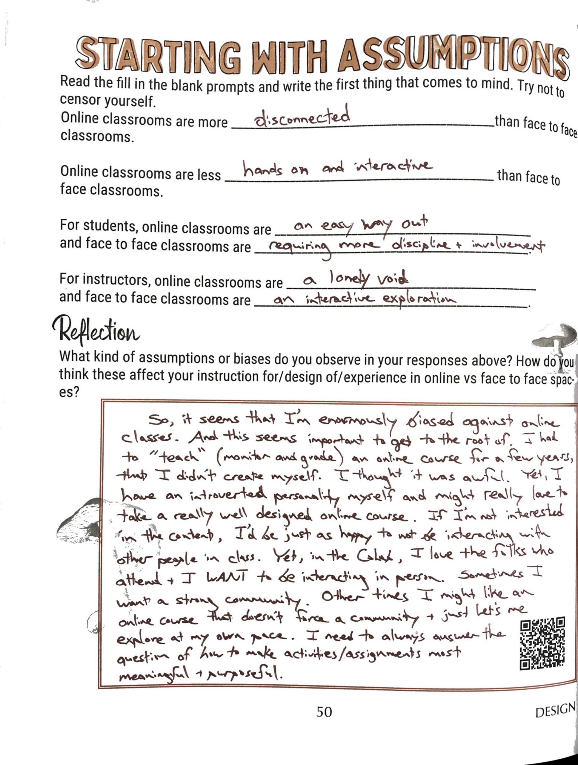 Image of a completed worksheet titled Starting With Assumptions.