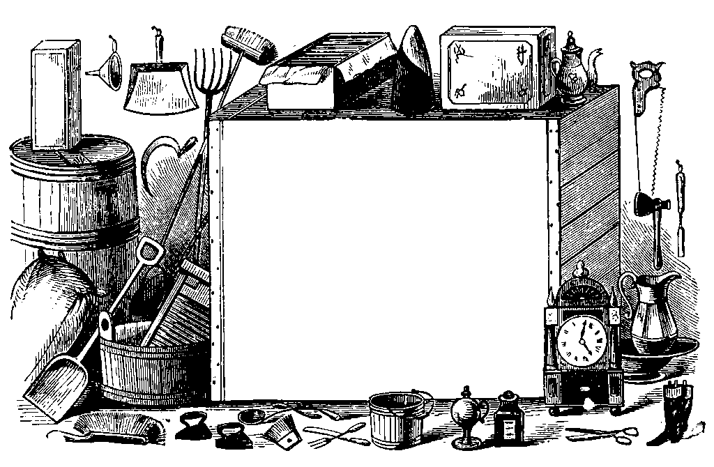 Decorative image of cluttered household items.