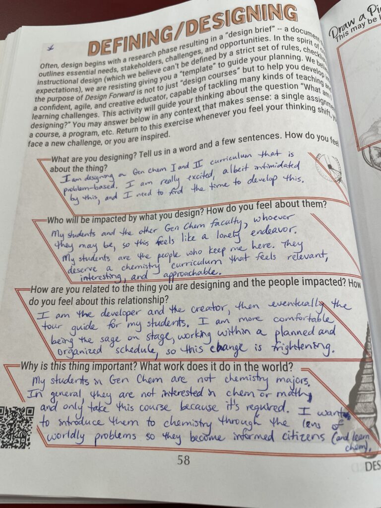 Photo of a completed worksheet titled Defining/Designing.