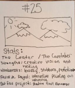 Photo of a drawing of mountains. Beneath the drawing is a handwritten detail of stats for "The Leader/The Caretaker", going over strengths, weaknesses, a favorite project and a second favorite project.