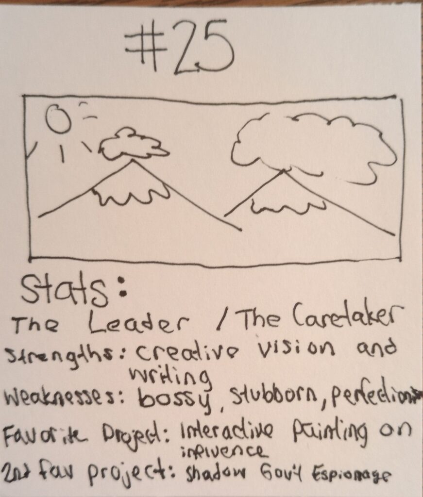 Photo of a drawing of mountains. Beneath the drawing is a handwritten detail of stats for "The Leader/The Caretaker", going over strengths, weaknesses, a favorite project and a second favorite project.
